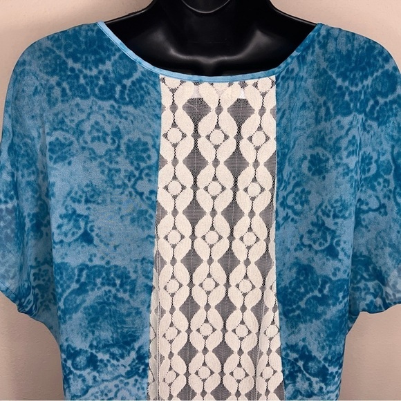 0X MAURICES BLUE WHITE LACE SEMI SHEER BLOUSE SHORT SLEEVE BOHO LIGHTWEIGHT - Picture 7 of 11